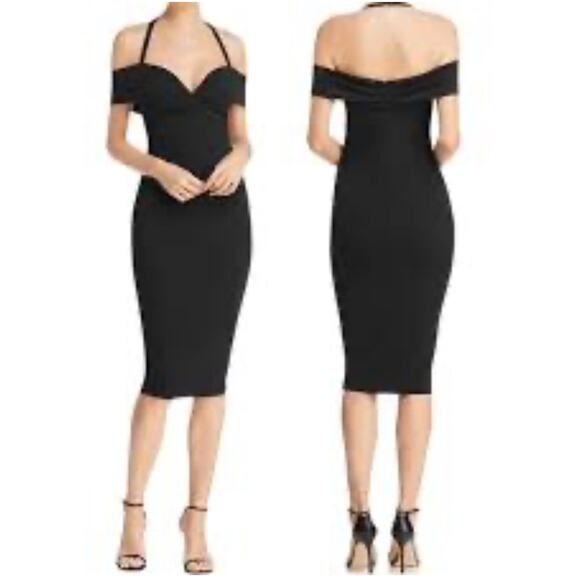 NOOKIE bodycon black Athena Off Shoulder Halter Midi Dress size S - Picture 2 of 13